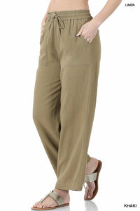 Olive Linen Drawstring Waist Pants