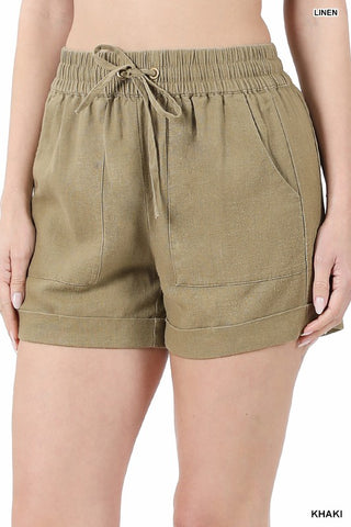 Olive Linen Drawstring Waist Shorts