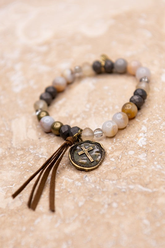 Natural Stone Beaded Bracelet with Cross and Brown Tassel
