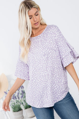 Lavender Dotted Print Ruffle Sleeve Top - Plus