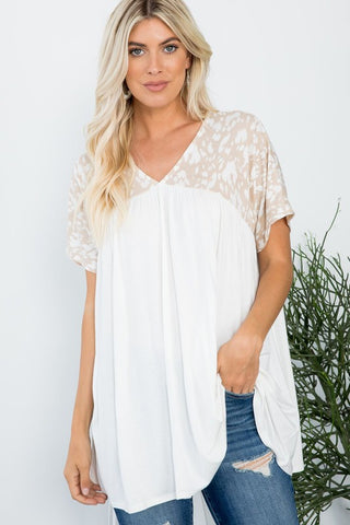 Tan and White Leopard Contrast Baby Doll Top