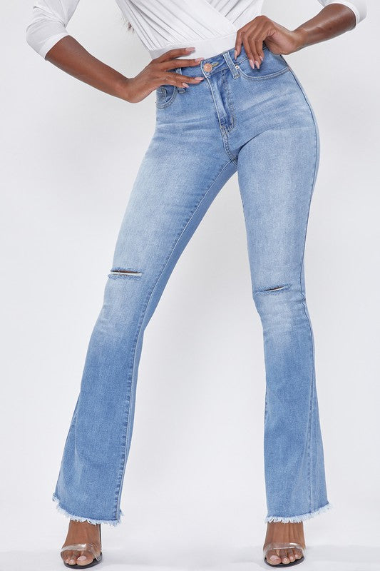 Medium Denim Flare Fray Hem Knee Slit Jeans
