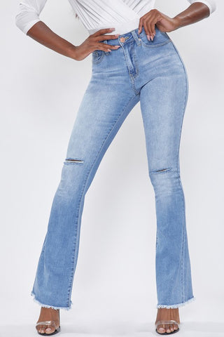 Medium Denim Flare Fray Hem Knee Slit Jeans