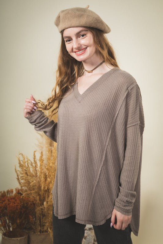 Mocha Waffle Knit V-neck Long Sleeve Top