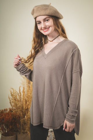 Mocha Waffle Knit V-neck Long Sleeve Top