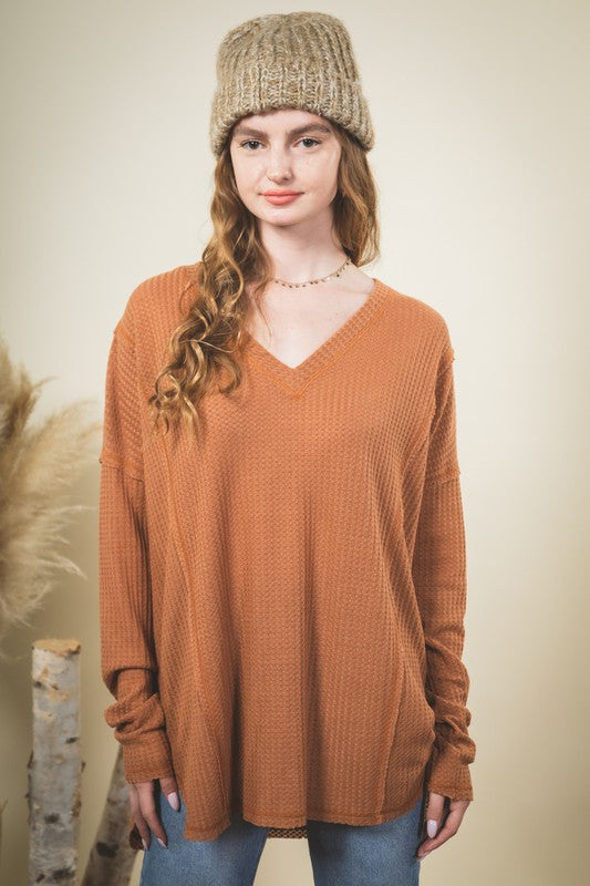 Camel Waffle Knit V-neck Long Sleeve Top