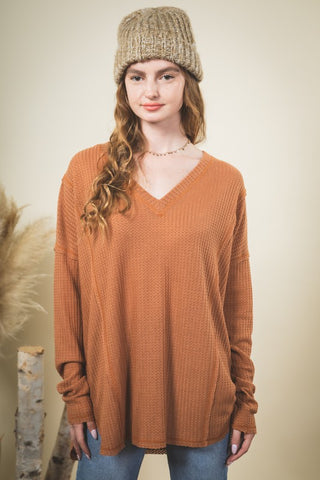 Camel Waffle Knit V-neck Long Sleeve Top
