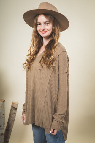 Olive Waffle Knit V-neck Long Sleeve Top
