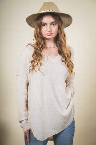 Beige Waffle Knit V-neck Long Sleeve Top