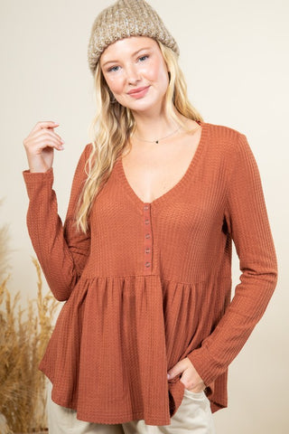 Rust Waffle Knit V-neck Button Down Peplum Top
