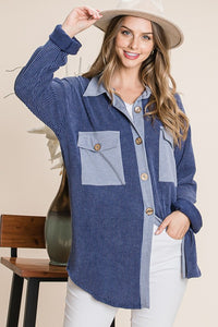 Navy Blue Corded Oversized Button Up - Plus