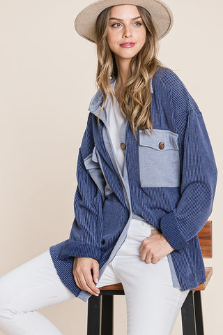 Navy Blue Corded Over Size Button Up