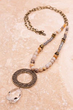 Long Necklace with Metal Pendant and Crystal Teardrop