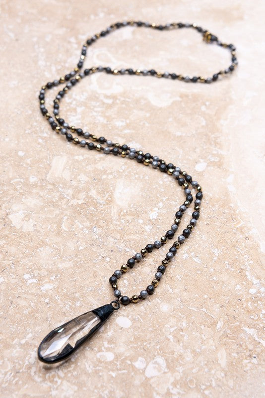 Grey and Gold Long Necklace with Crystal Teardrop