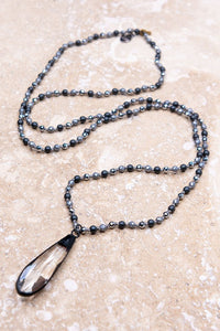 Grey Long Necklace with Crystal Teardrop