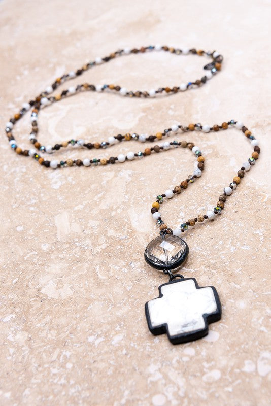 Long Knotted Necklace with Marble Cross