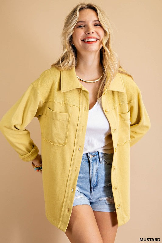 Light Mustard French Terry Button Shacket