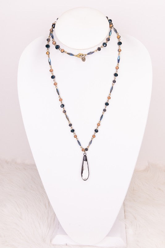 Blue and Iridescent Beads with Crystal Teardrop Necklace