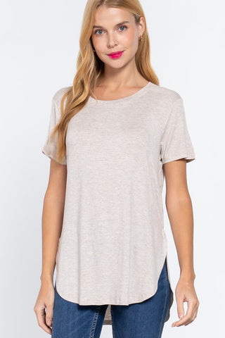 Oatmeal Lightweight Round Neck Curved Hem Top