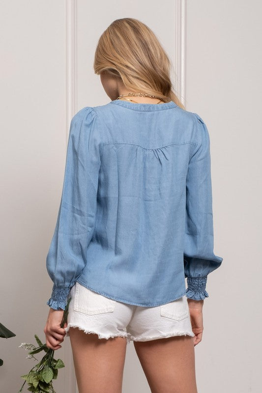 Denim Split Button Neck Long Sleeve Top