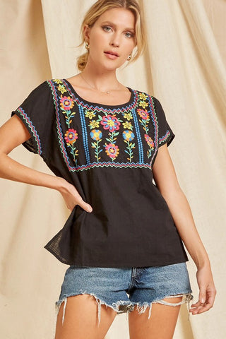 Black Dolman Sleeves Floral Embroidered Top