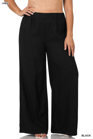 Black Linen Baggy Dress Pants -Plus