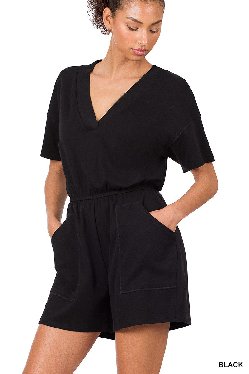 Drop Shoulder V-Neck Romper with Pockets