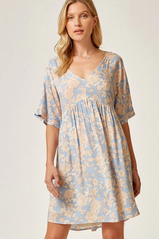 Dusty Blue Wonder Floral V-Neck Babydoll Dress- Plus