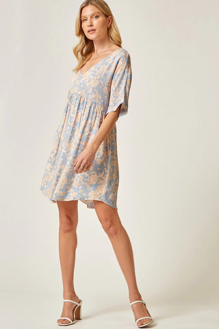 Dusty Blue Wonder Floral V-Neck Babydoll Dress