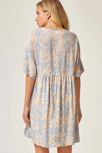 Dusty Blue Wonder Floral V-Neck Babydoll Dress- Plus