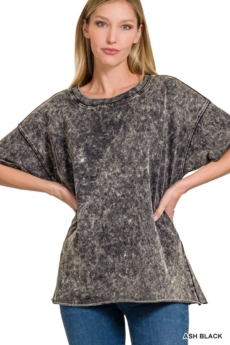 Ash Black Acid Wash French Terry Drop Shoulder Top