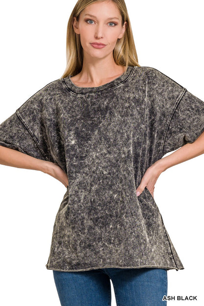 Ash Black Acid Wash French Terry Drop Shoulder Top