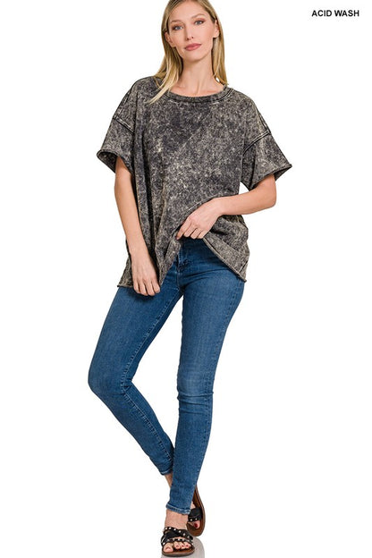 Ash Black Acid Wash French Terry Drop Shoulder Top
