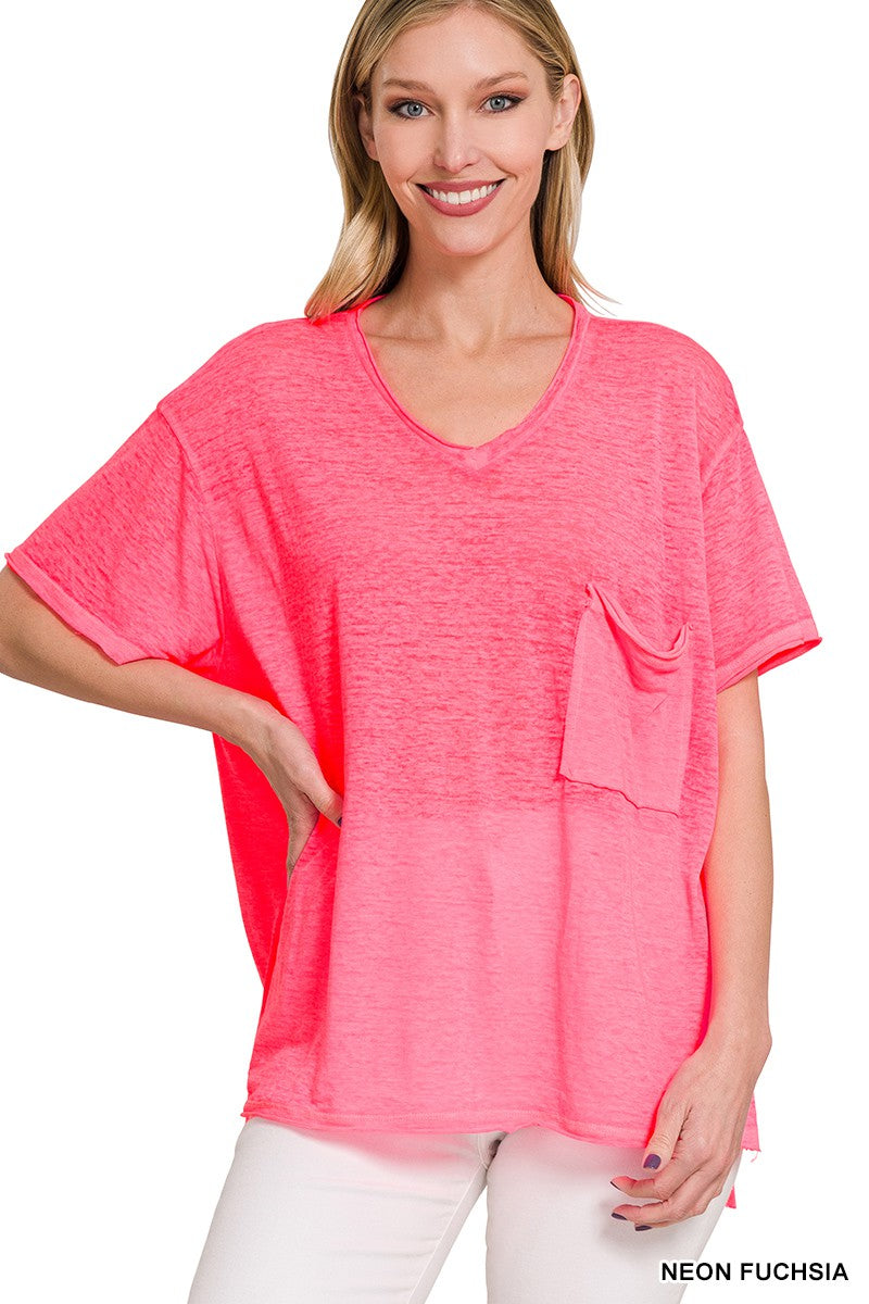 Neon Fuschia Washed Burnout Hi-Low Scoop V-Neck Top