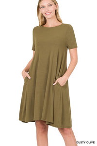 Dusty Olive Short Sleeve Pocket Flared Dress
