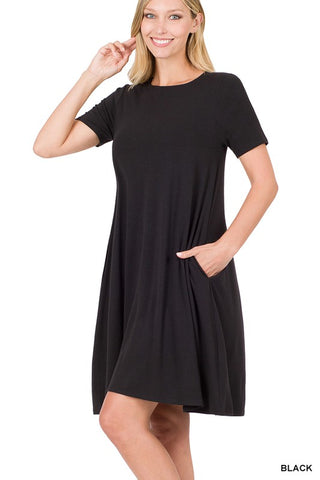 Black Short Sleeve Pocket Flared Dress