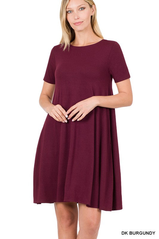Dark Burgundy Short Sleeve Pocket Flared Dress