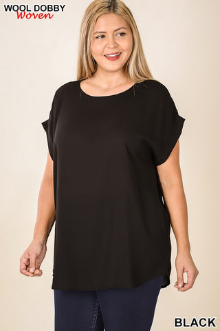 Black Woven Wool Short Sleeve Blouse - Plus