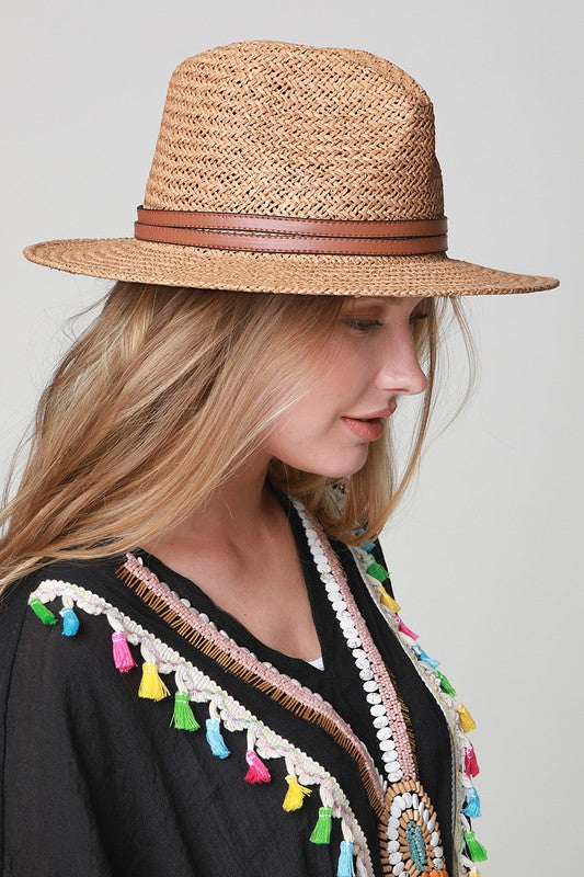 Woven Panama Hat w/ Faux Leather Double Band Accent