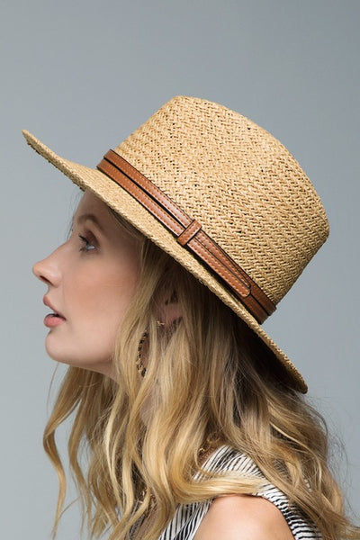 Woven Panama Hat w/ Faux Leather Double Band Accent