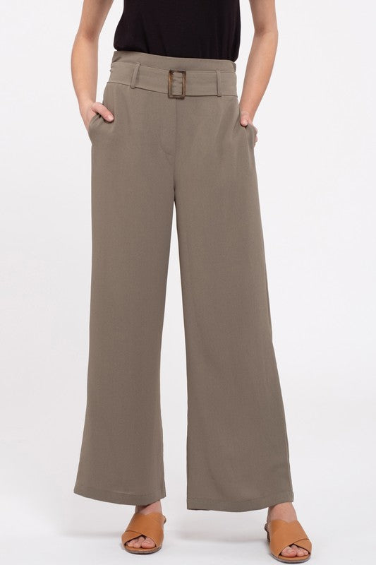 Olive Straight Leg Belted Pants with Pockets