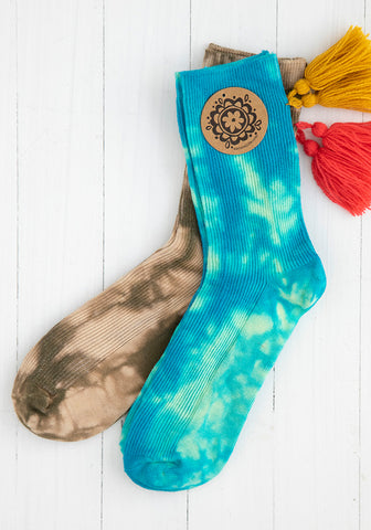Turquoise Earth Tone Tie Dye Tassel Socks by Natural Life