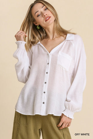Sheer Textured Collared Button Down