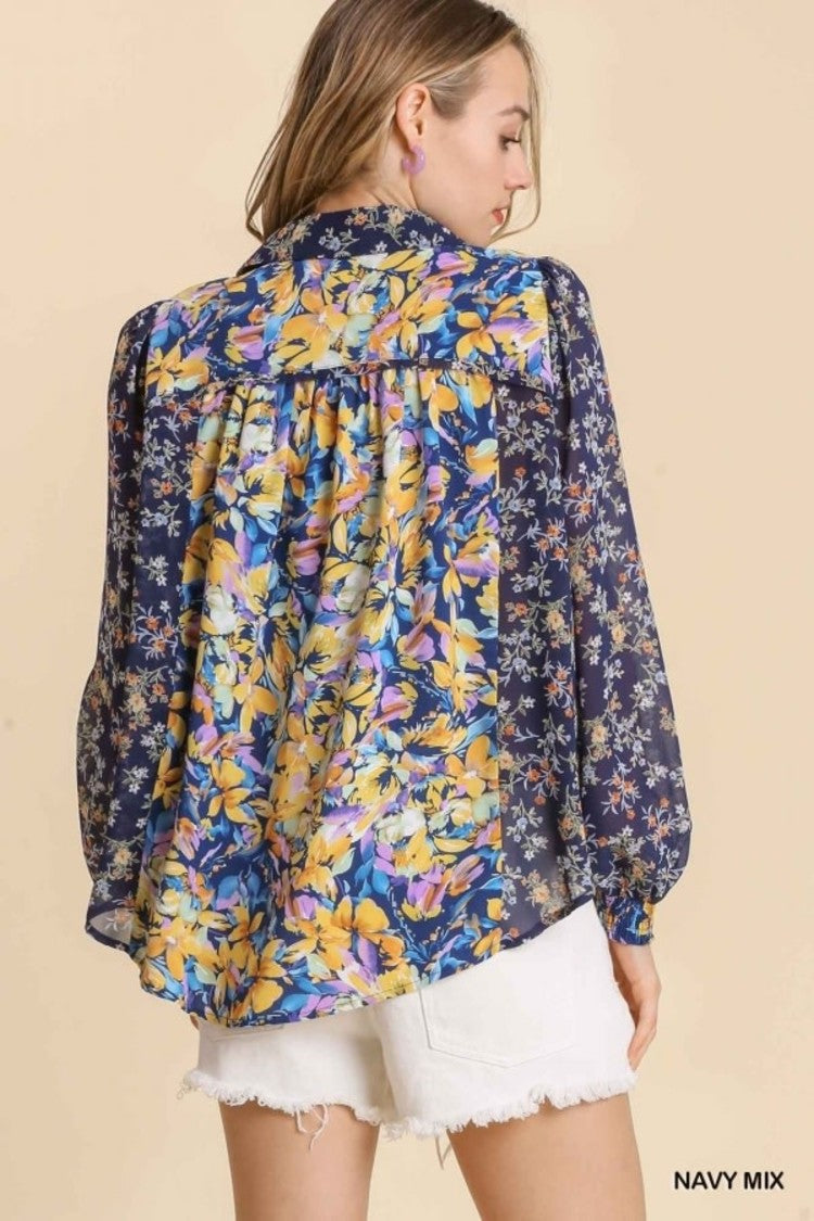Navy Mix Floral Sheer Top