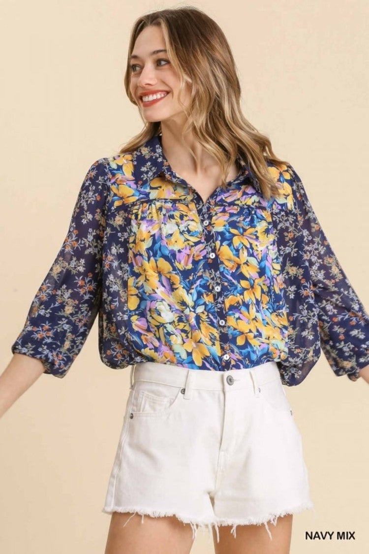 Navy Mix Floral Sheer Top