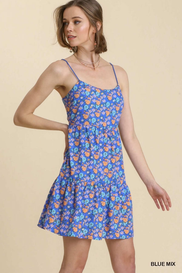 Blue Floral Print Babydoll Dress