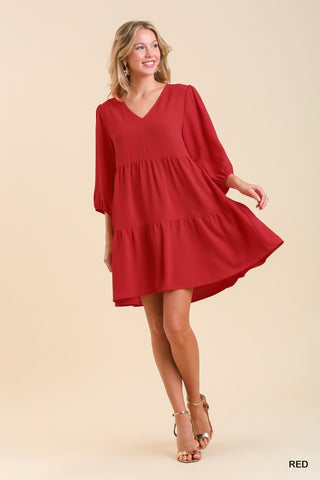 V-Neck Tiered Dress with 3/4 Sleeve