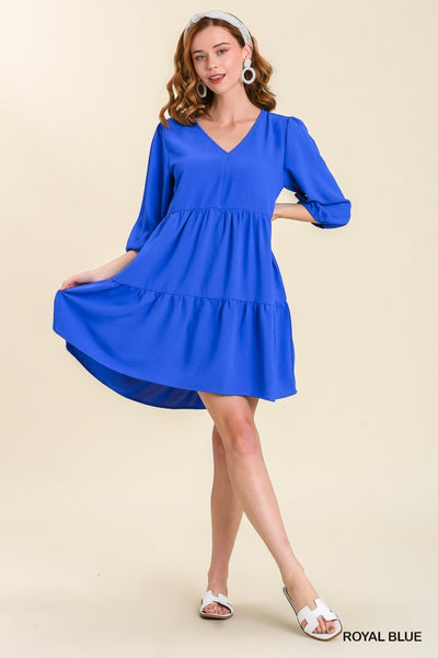 V-Neck Tiered Dress with 3/4 Sleeve