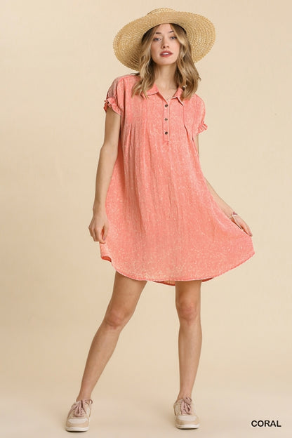 Coral Snow Wash Pleated Short Sleeve Dress