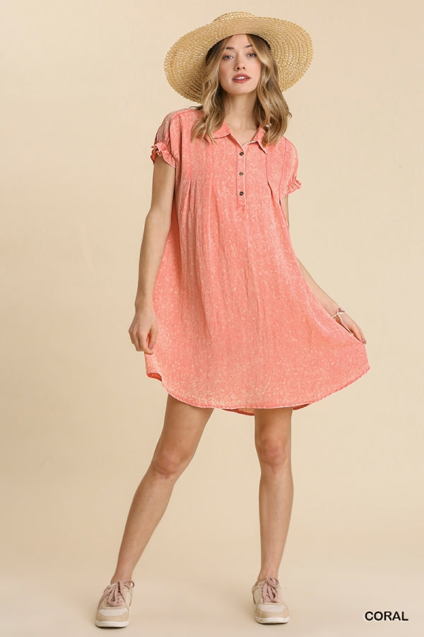 Coral Snow Wash Pleated Short Sleeve Dress